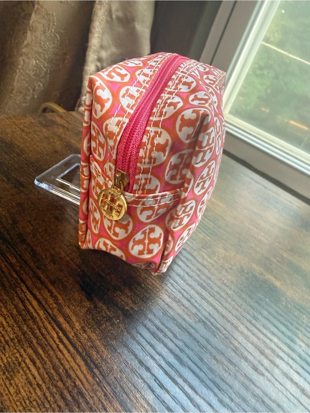 Two Tory Burch Pink and Orange Logo Zip Pouch